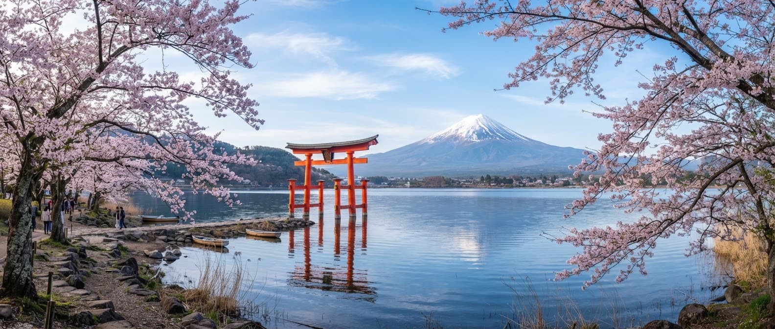 Cổng torii, núi Phú Sĩ và hoa anh đào tại Nhật Bản